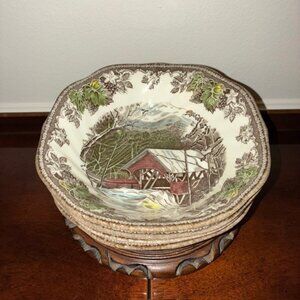 Set of 4 Johnson Brothers Friendly Village "Covered Bridge" 6-1/4" Cereal Bowls